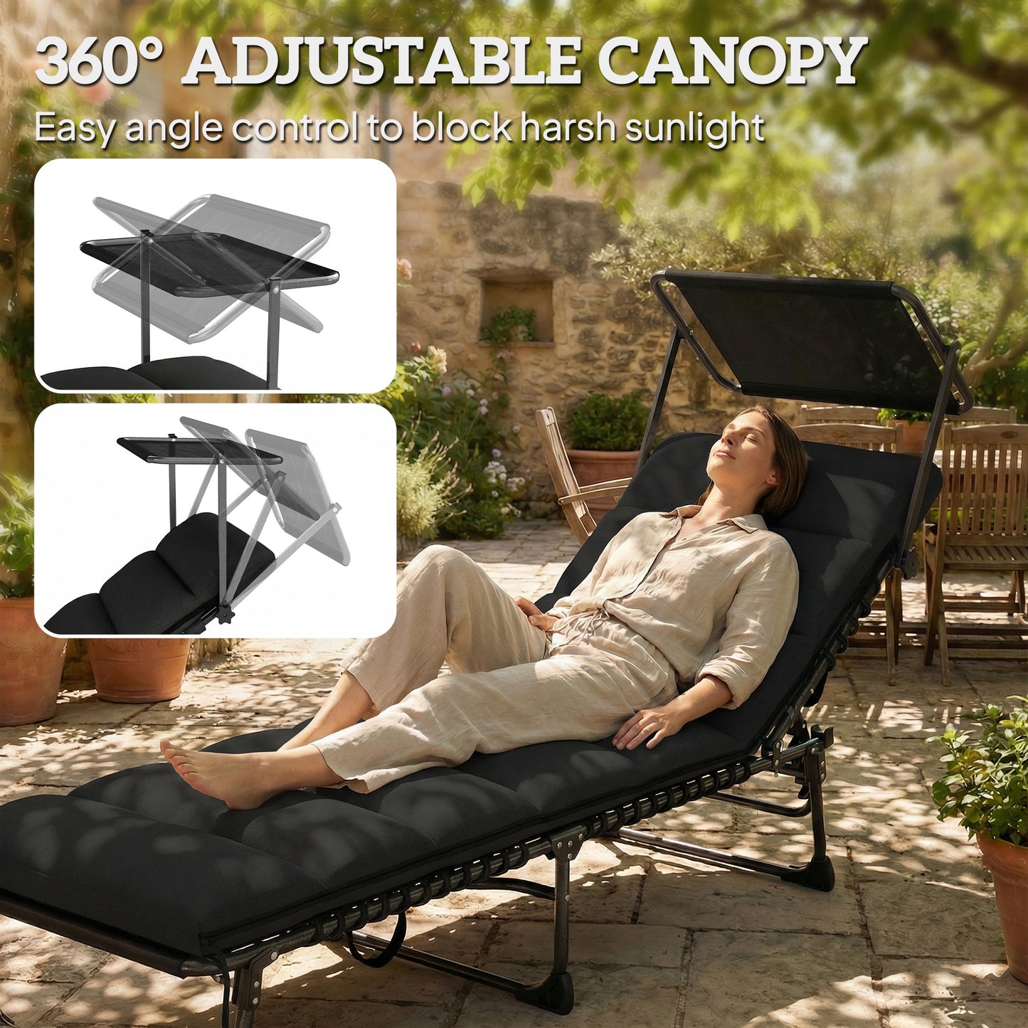 Outsunny Folding Sun Lounger with Canopy and Cushion, Reclining Sunbed with Side Pocket and Carry Handle, Black