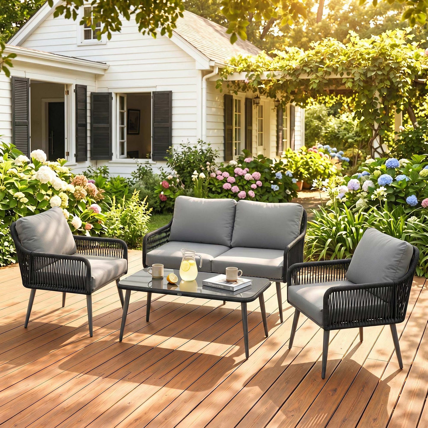 Outsunny Rattan Garden Furniture Set 4 Piece Outdoor Patio Set With Tempered Glass Table And Cushioned Chairs
