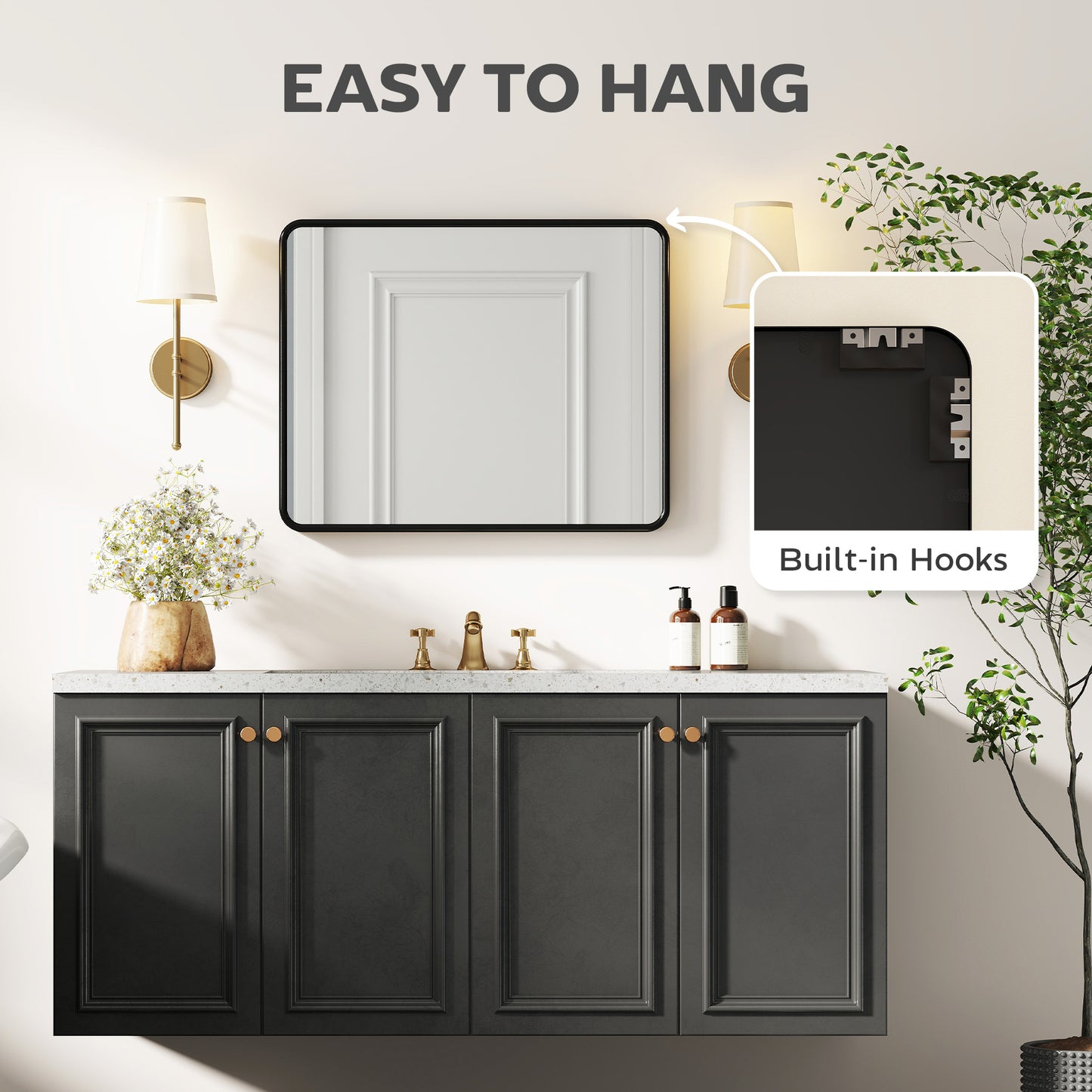 HOMCOM Rectangular Wall Mirror With HD Glass Black Metal Frame Dual Hanging Options Warp Free Design