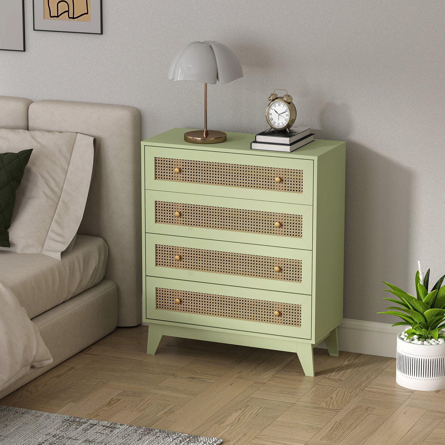 HOMCOM Chest Of Drawers 4 Drawer Storage Organiser With Rattan Weave Panel For Bedroom And Living Room In Light Green