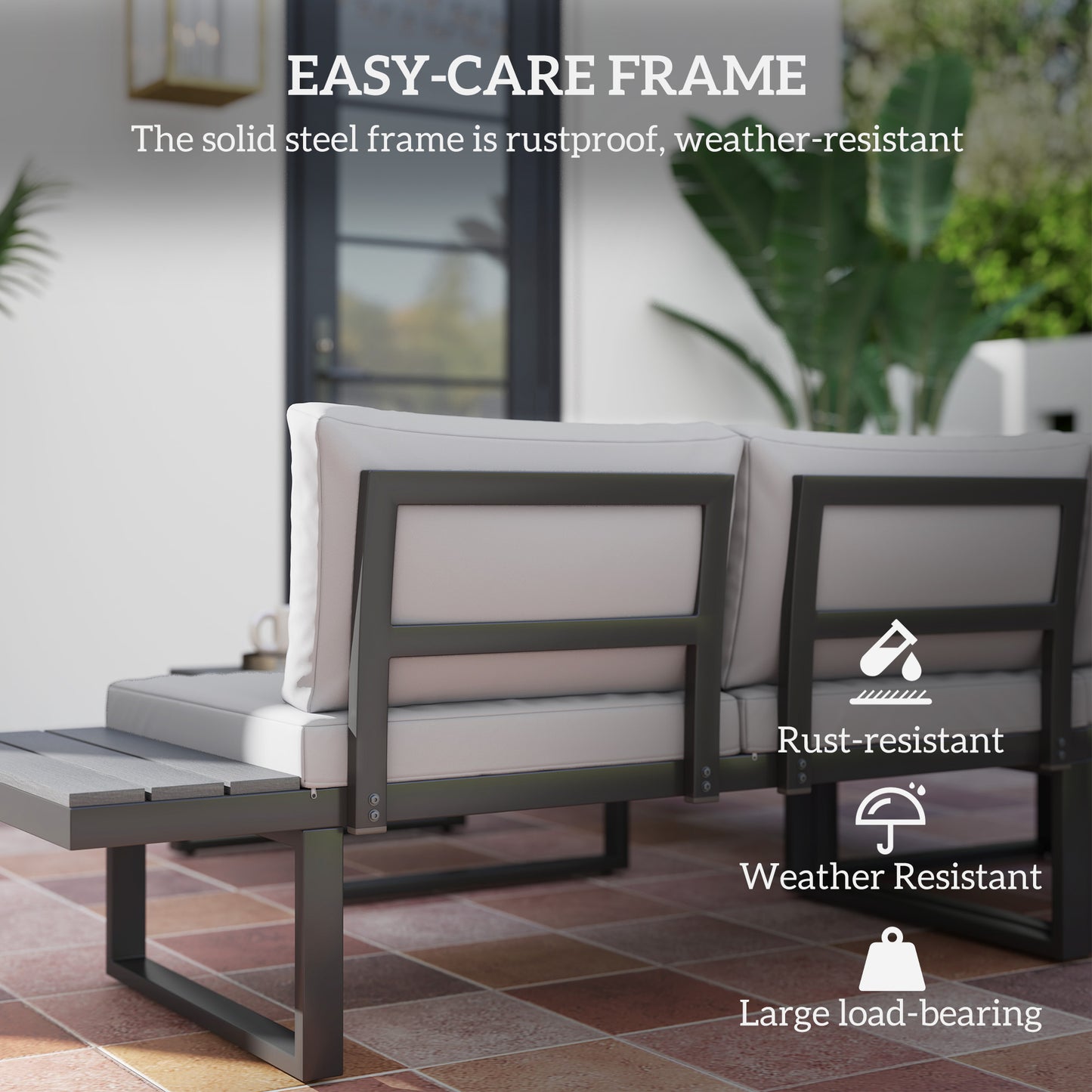 Outsunny 4 Piece Set With 5 Level Reclining Corner Sofa Cushions Wood Effect Table Black Frame Light Grey