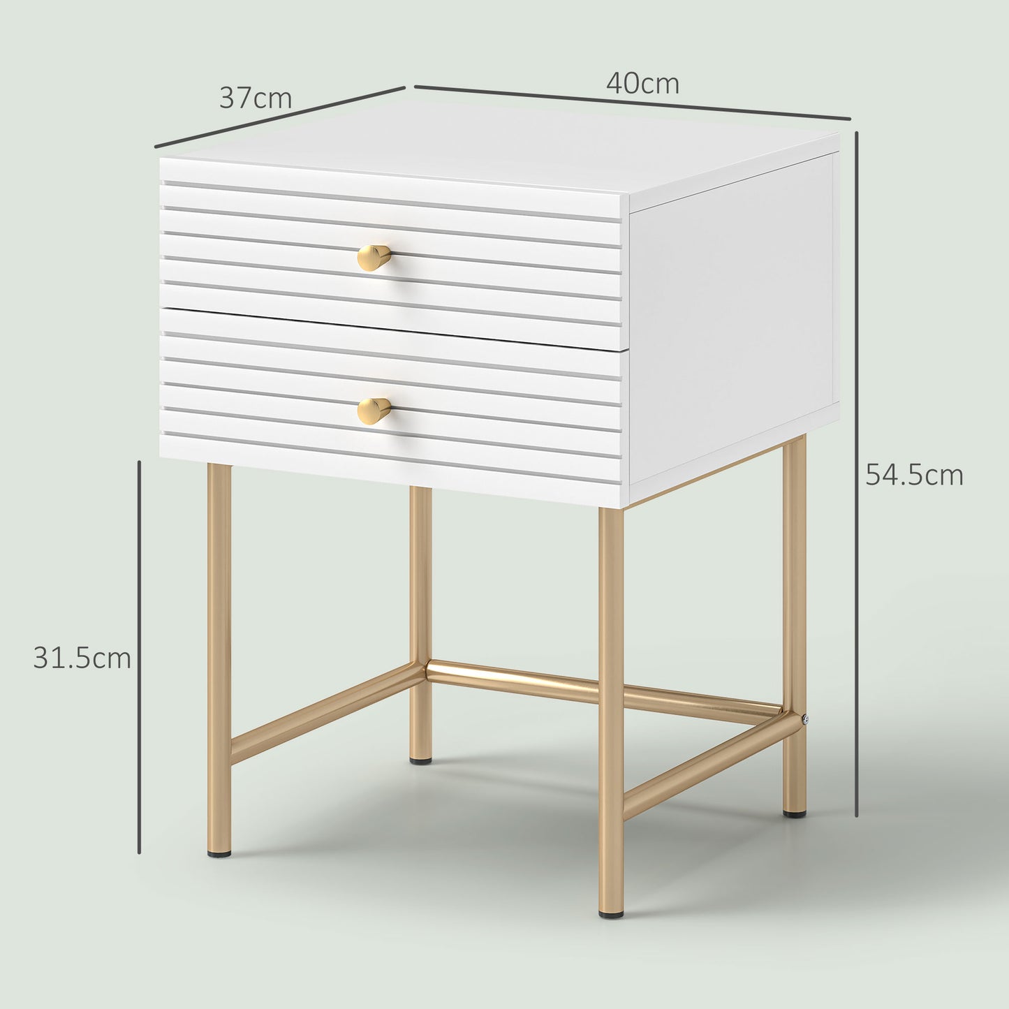HOMCOM Set of Two Elegant Bedside Tables White and Gold Tone Finish with Two Drawers Nightstands