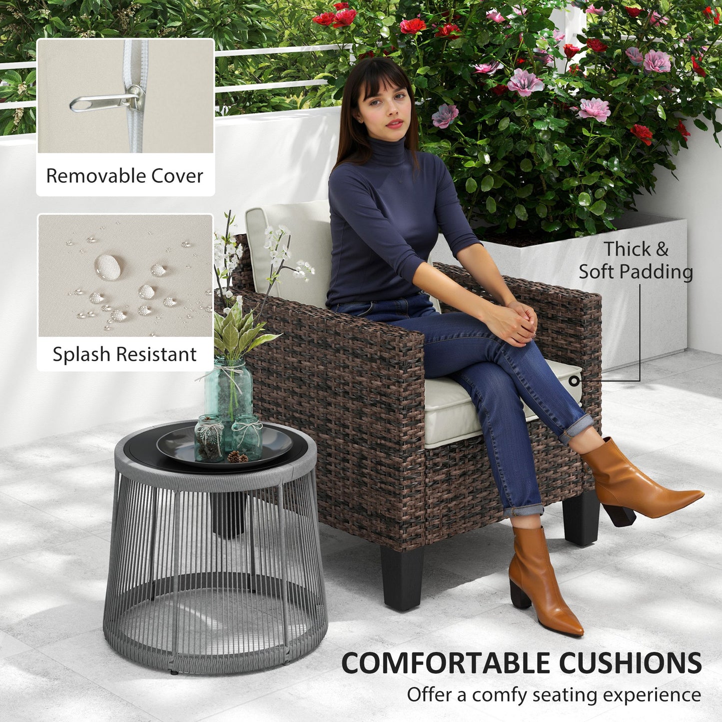 Outsunny Single Rattan Armchair With Cushions Brown Outdoor Garden Lounge Chair Removable Washable Cushion Covers