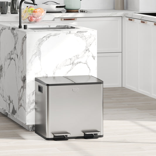 HOMCOM 30L Dual Compartment Stainless Steel Bin With Deodoriser Holders Silver Tone