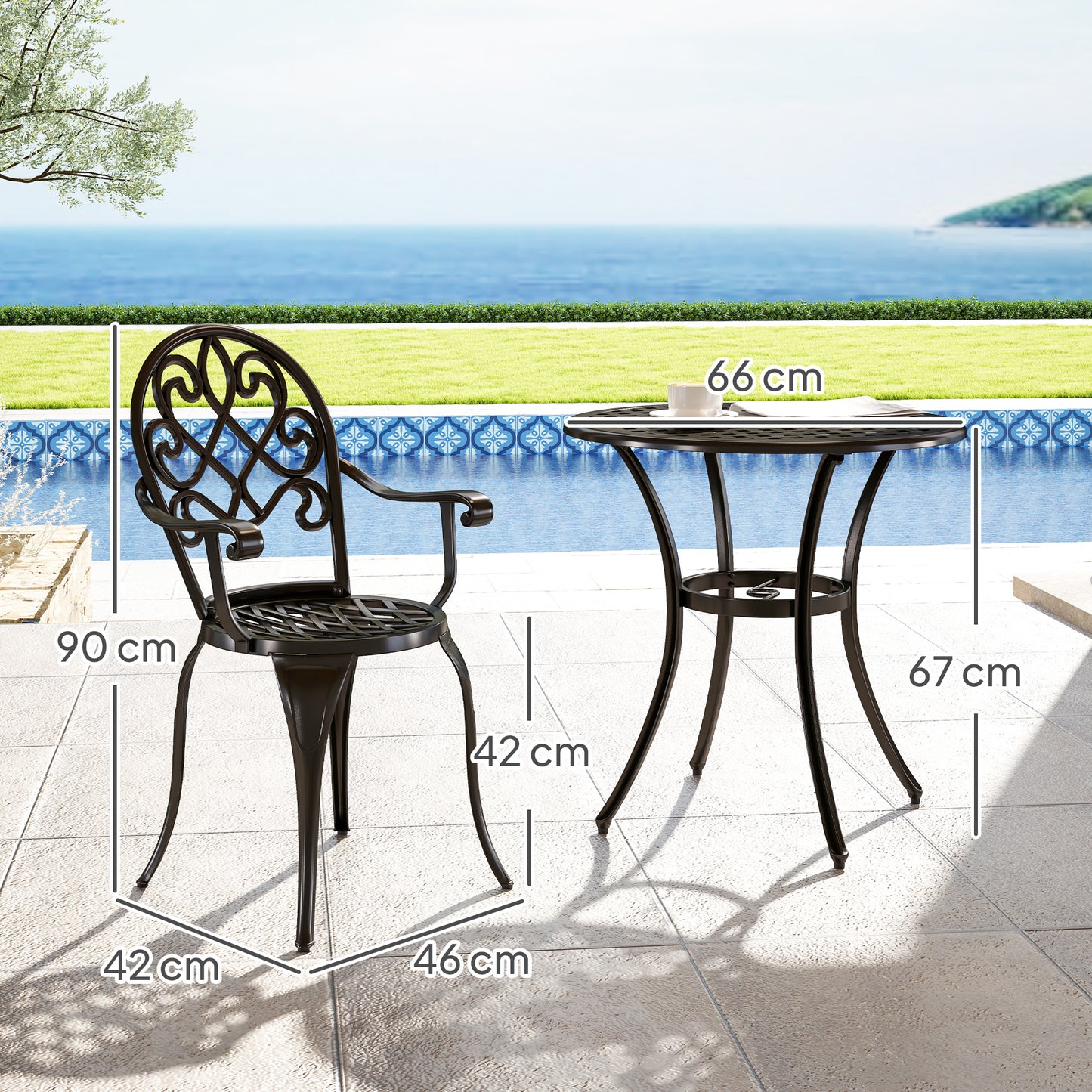 Outsunny Three Piece Aluminium Outdoor Garden Bistro Set With Round Table And Two Chairs In Black