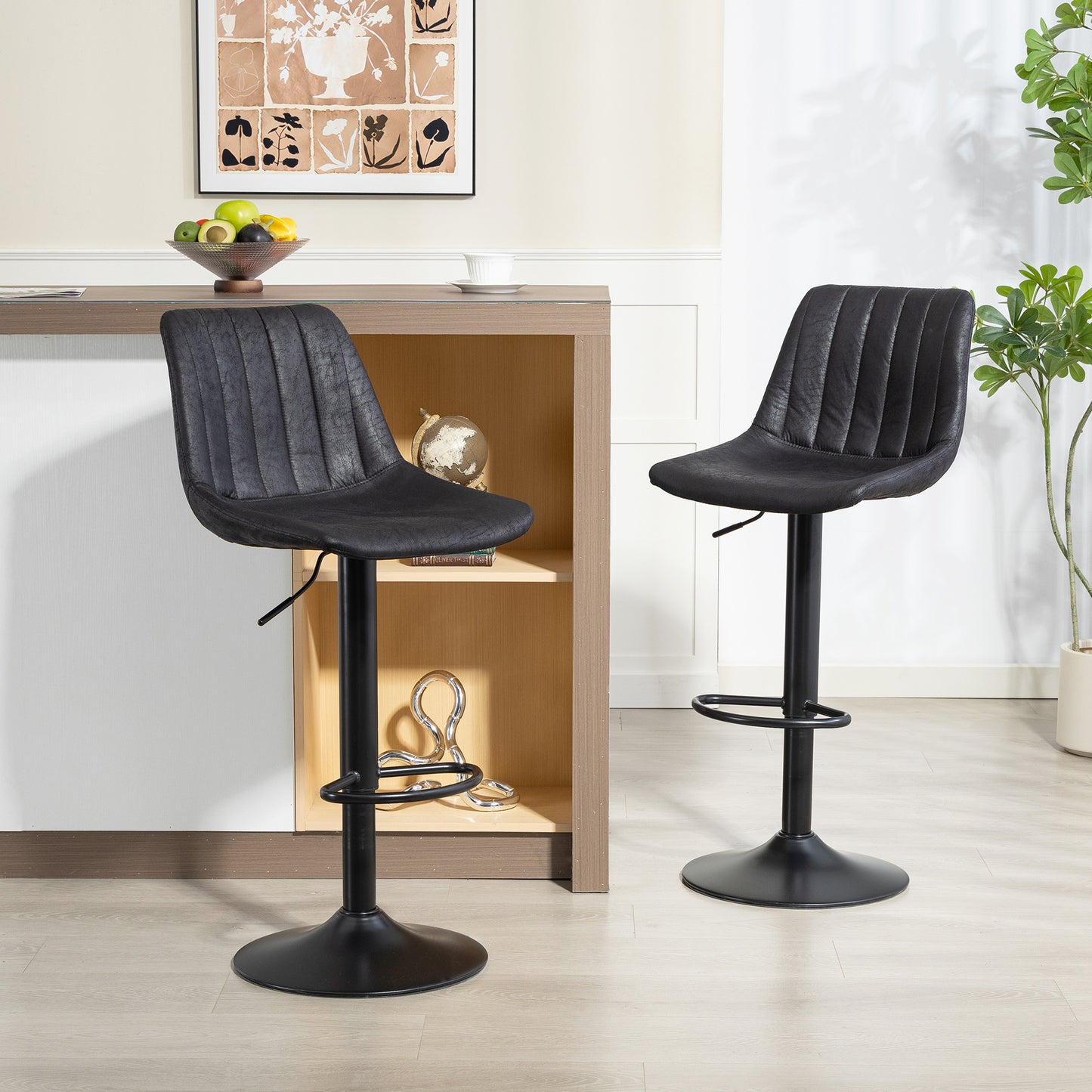 HOMCOM Set Of 2 Tub Bar Stools Black Adjustable Height 360 Degree Swivel Seats With Non Slip Base