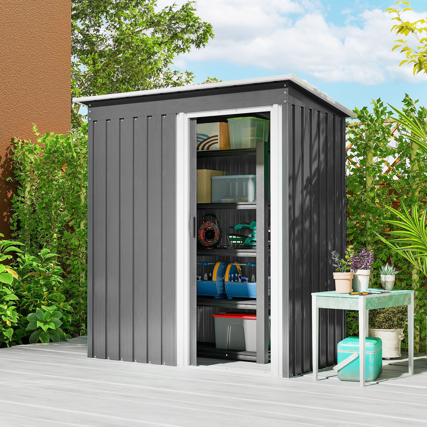 Outsunny 5x3 Ft Garden Storage Shed With Sliding Door Sloped Roof For Outdoor Tools Light Grey