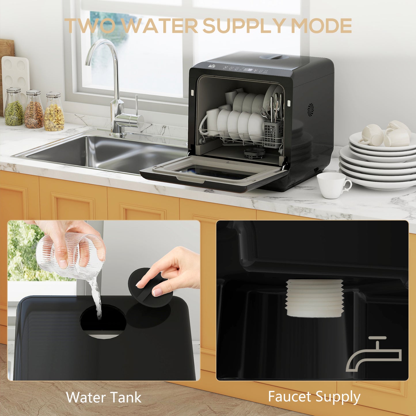 HOMCOM 6L Five Mode Countertop Dishwasher Black 4 Place Settings Normal Rapid Energy Saving Intensive Fruit Wash