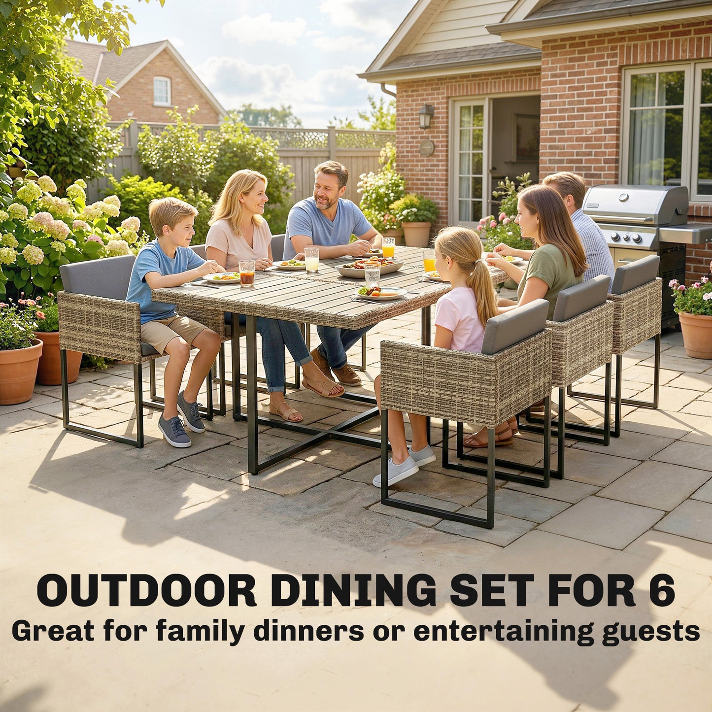 Outsunny 7 Piece Rattan Garden Furniture Set Dining Set With Wood Plastic Table And 6 Stackable Chairs Light Brown