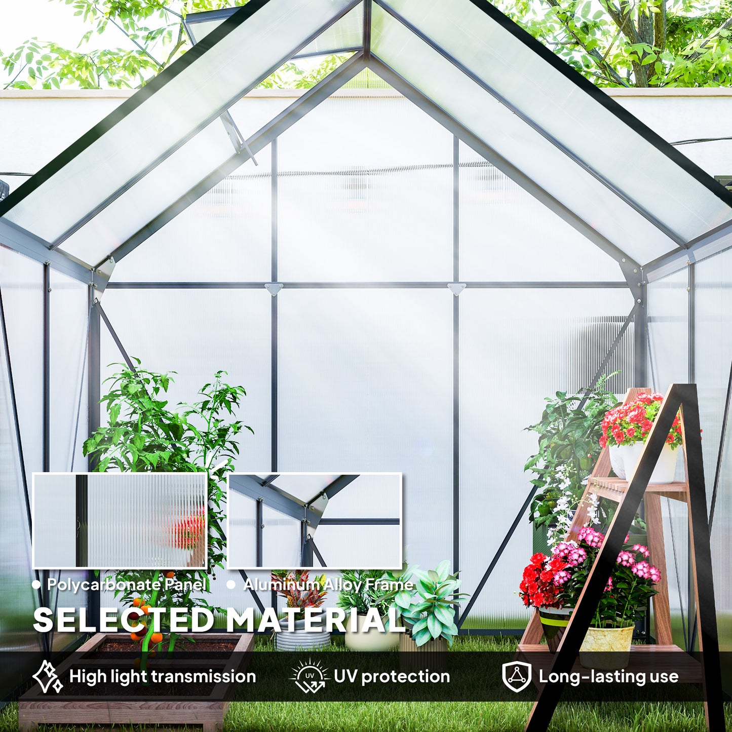 Outsunny Walk In Polycarbonate Greenhouse 192.5cm 131cm Aluminum Frame Durable Garden Structure