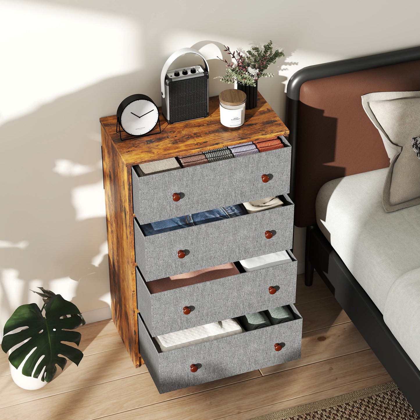 HOMCOM Chest Of Drawers Four Fabric Drawers Grey And Rustic Brown Wood Effect MDF Steel Frame
