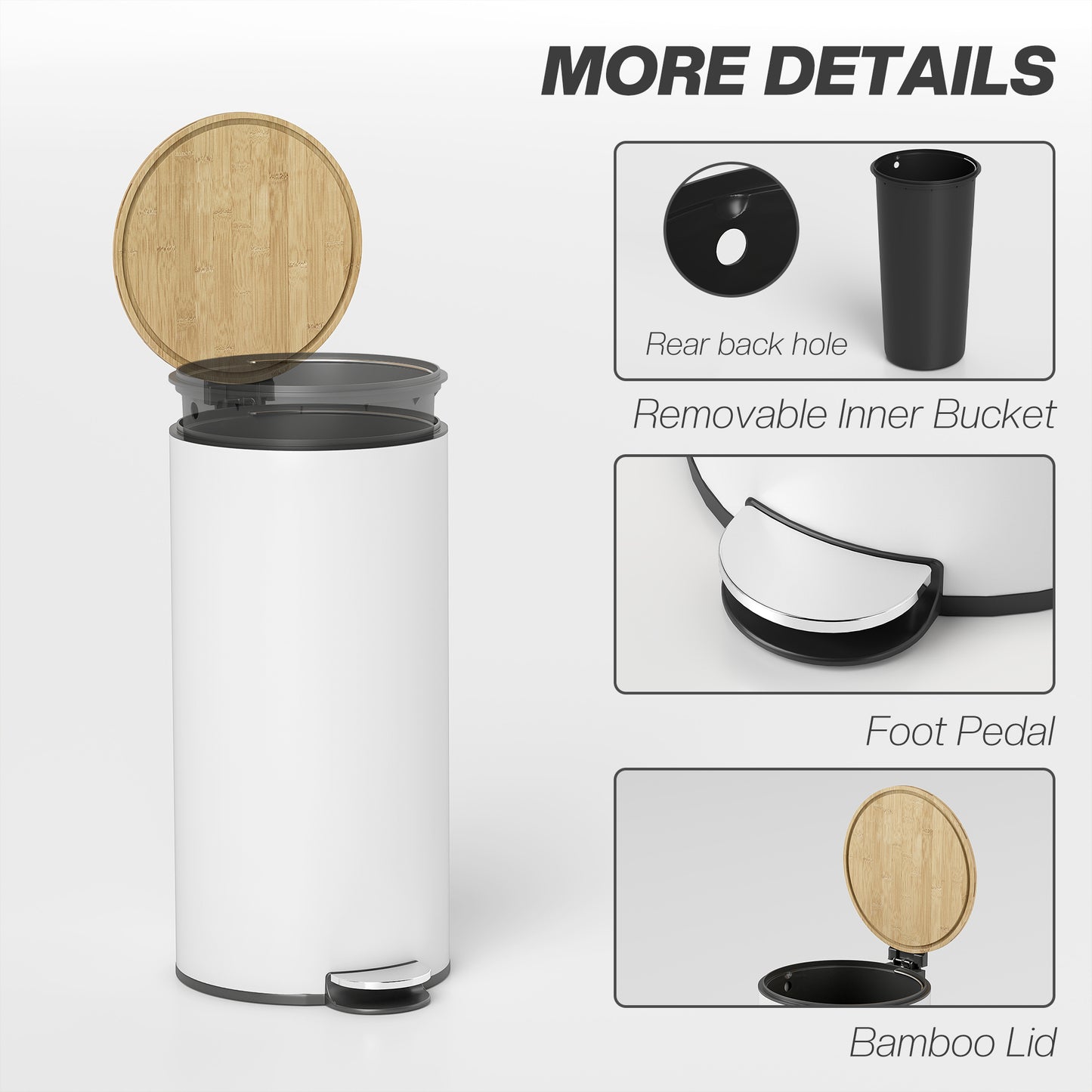 HOMCOM Kitchen Bin 30 Litre Pedal Bin With Removable Inner Bucket Soft Close Lid White And Natural