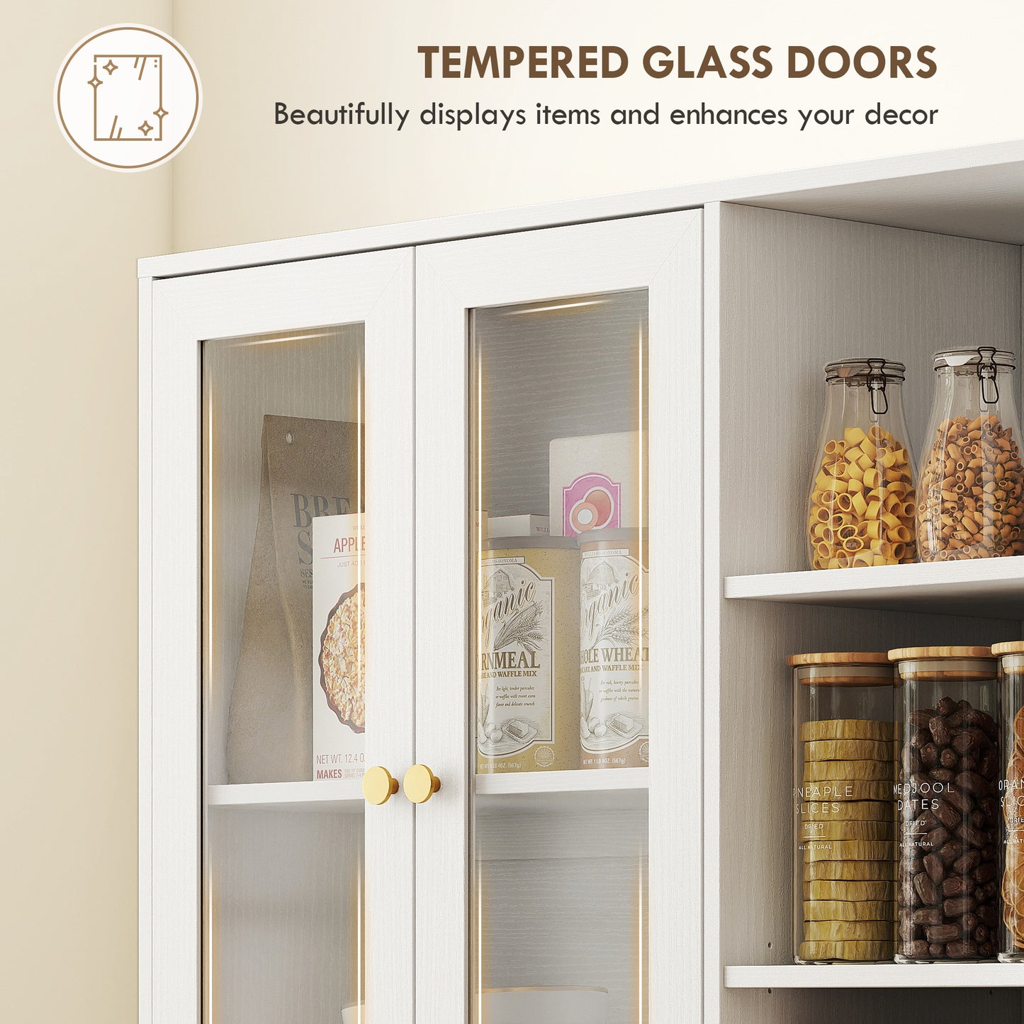 HOMCOM Glass Door Kitchen Cabinet With Multi Storage White Wood Effect For Living Room Display And Storage
