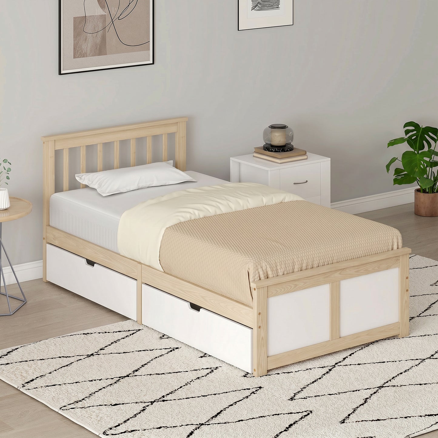 HOMCOM Pine Storage Bed 3ft Single Solid Wooden Bed Frame With Drawers And Headboard Natural Wood Finish