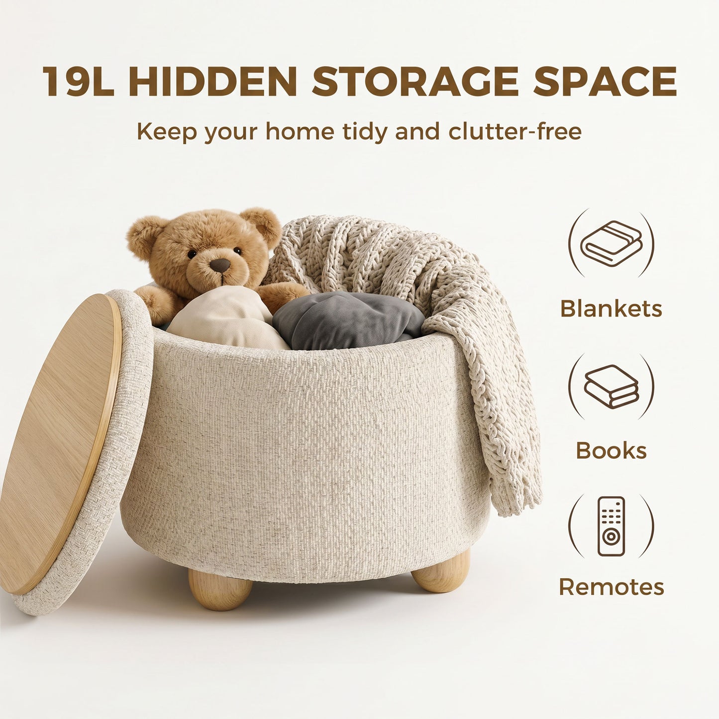 HOMCOM Round Storage Ottoman Bench With Lid Beige Rubberwood Legs For Living Room Organization