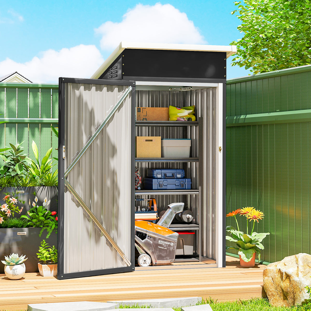 Outdoor metal storage shed with open doors, shelving inside, gray frame and off-white panels