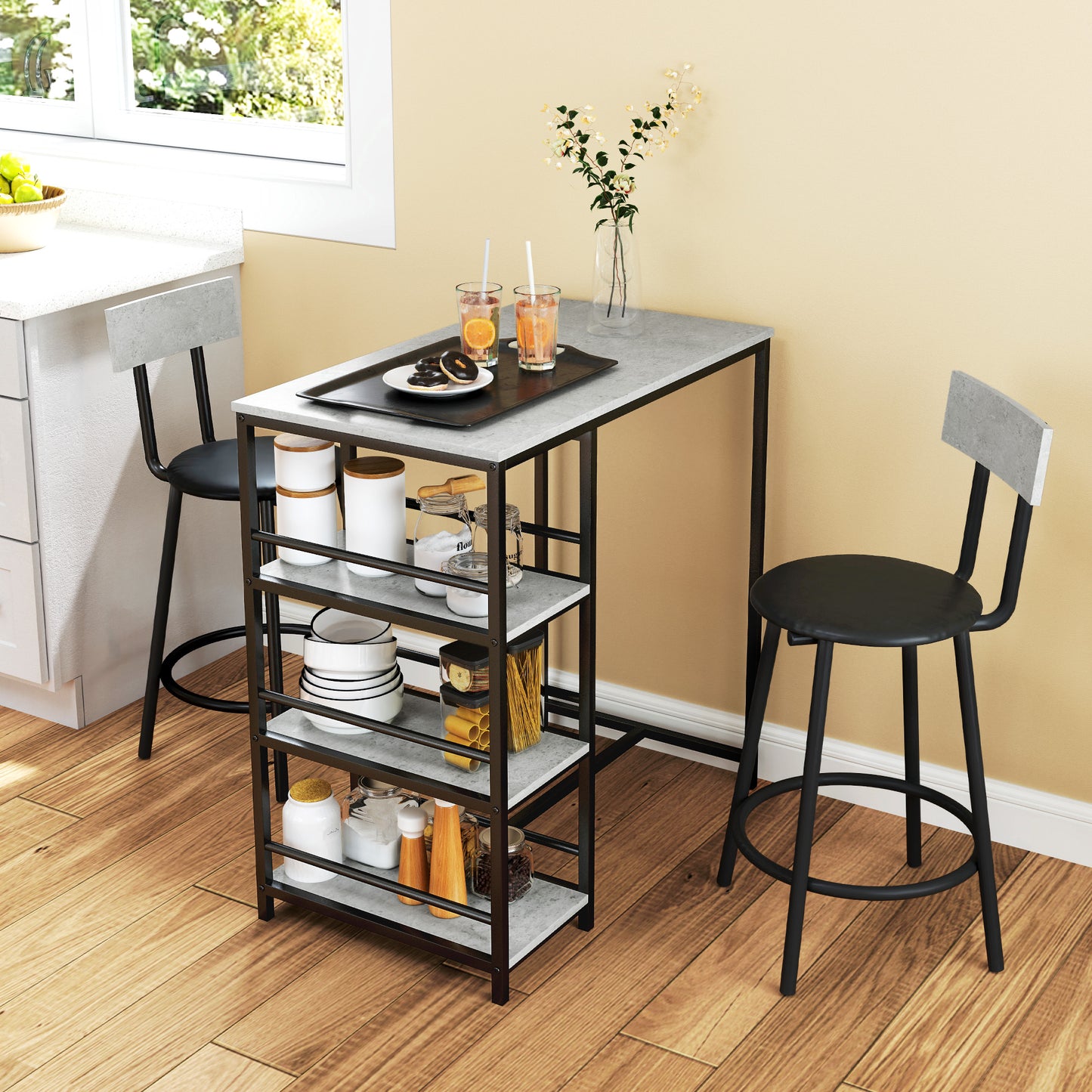 HOMCOM Three Piece Kitchen Dining Set With Shelves Space Saving Grey And Black Bar Table And Two Bar Chairs