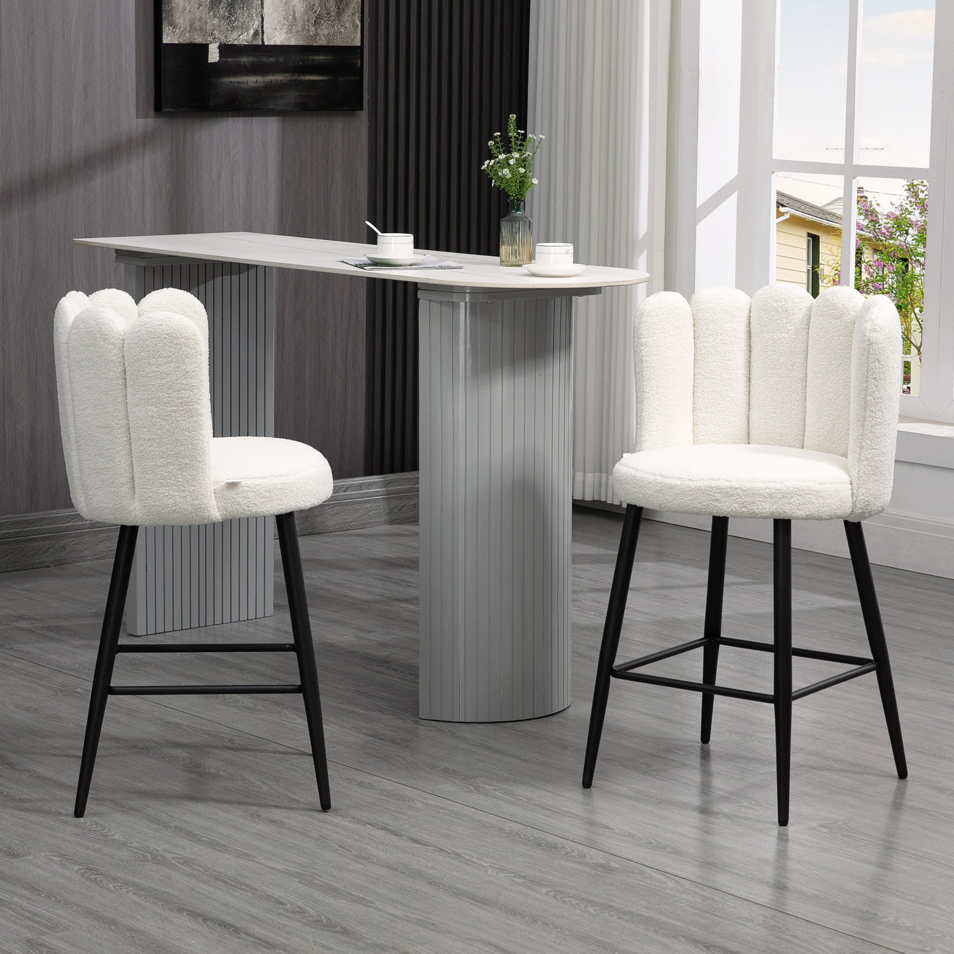 HOMCOM Set of 2 Modern Faux Cashmere Bar Stools with Backs and Footrest - Cream Upholstered Kitchen Chairs - ALL4U RETAILER LTD