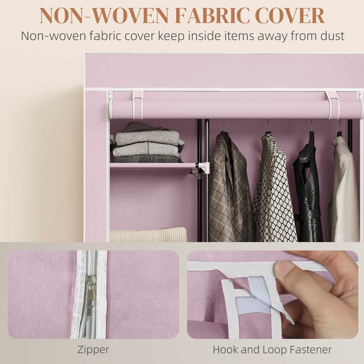 HOMCOM Fabric Wardrobe With Shelves And Hanging Rail Foldable Wardrobe Pink Portable Clothing Storage