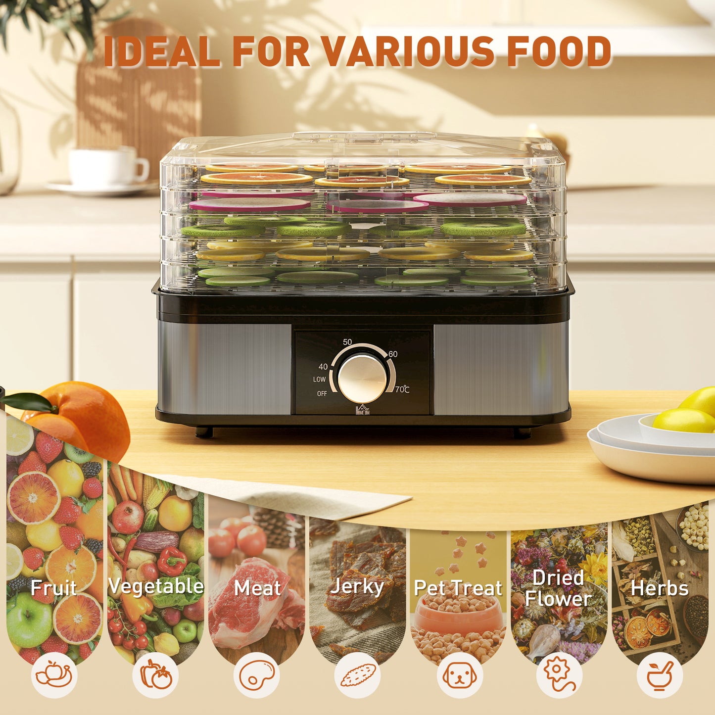 HOMCOM 5 Tier Food Dehydrator 245W Dryer With Adjustable Temperature 40 To 70 C For Fruit Meat Veg Jerky Black