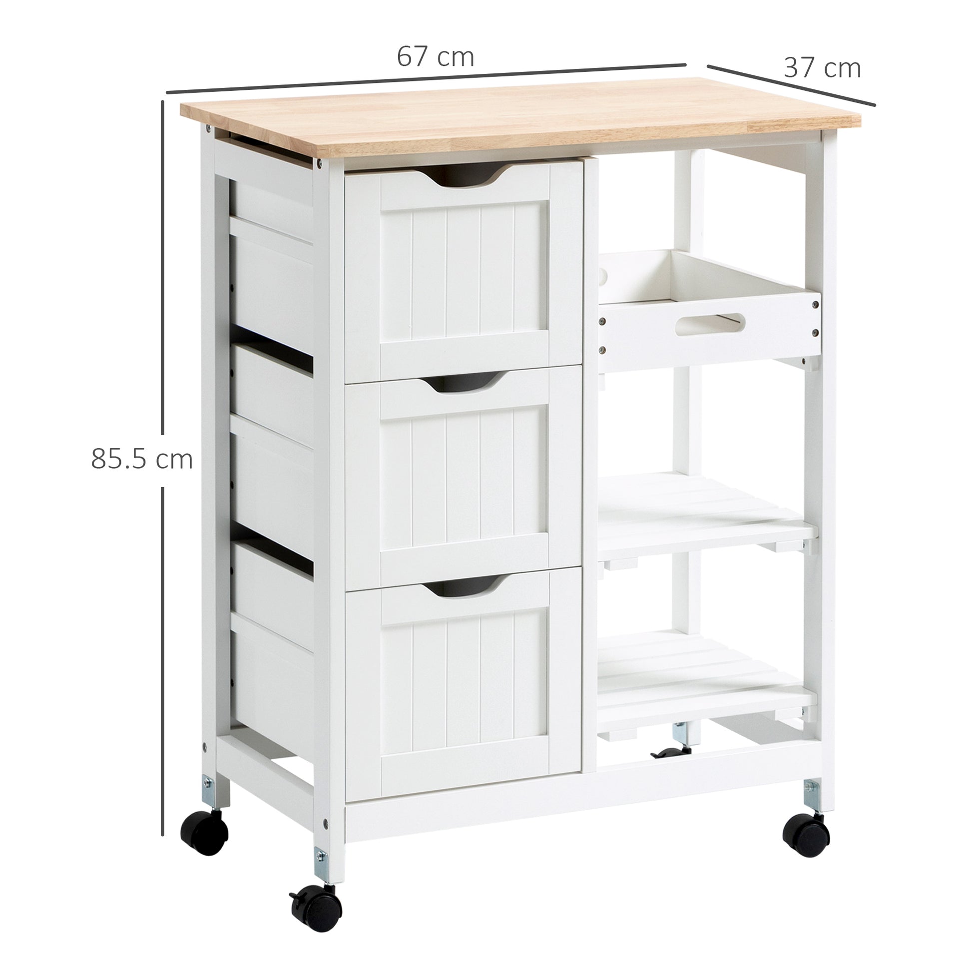 HOMCOM Compact White Kitchen Island Cart with Wheels, Wooden Top, Shelves, and Drawers for Dining and Entertaining - ALL4U RETAILER LTD