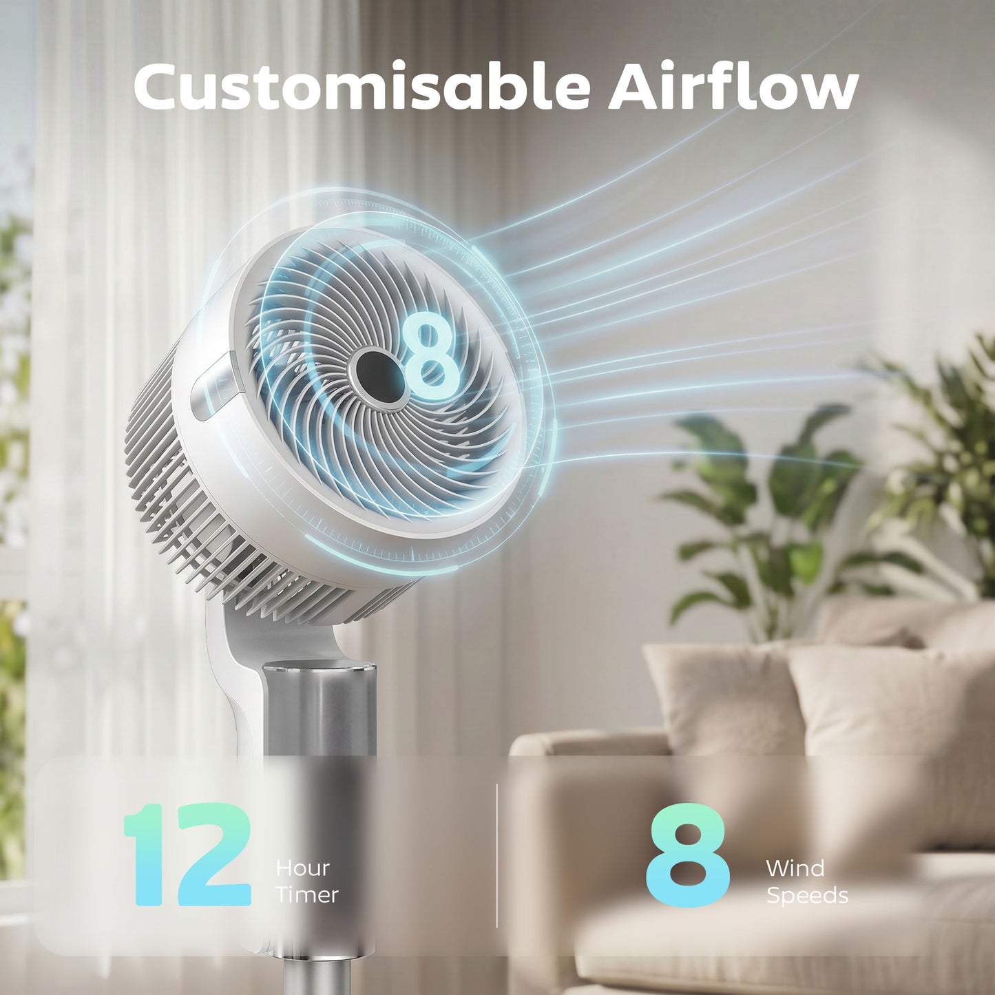 HOMCOM 44 Inch Pedestal Fan Quiet 20dB Sleep Mode 90 Degree Oscillation 8 Speeds LED Light White Bedroom