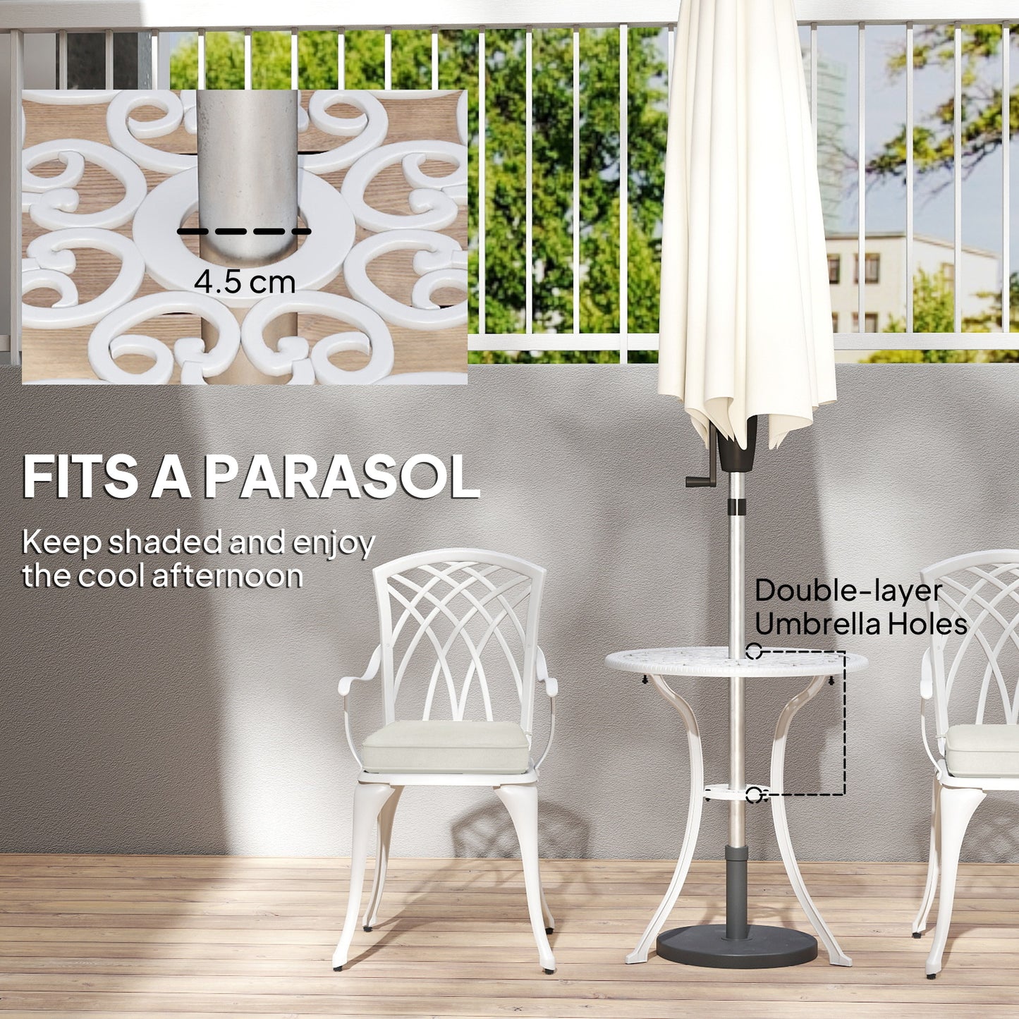 Outsunny Cast Aluminium Bistro Set With Two Chairs And Table White Parasol Hole 45mm Cushions