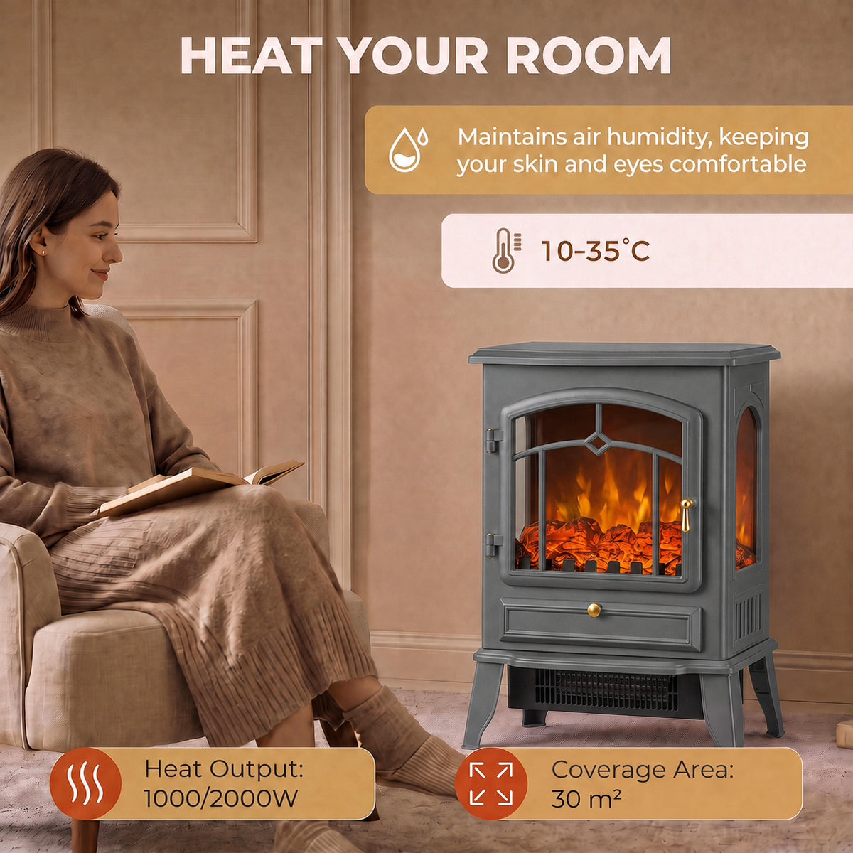 HOMCOM 3 Sided Electric Fireplace Heater with 3D Flame Log and Thermostat Grey