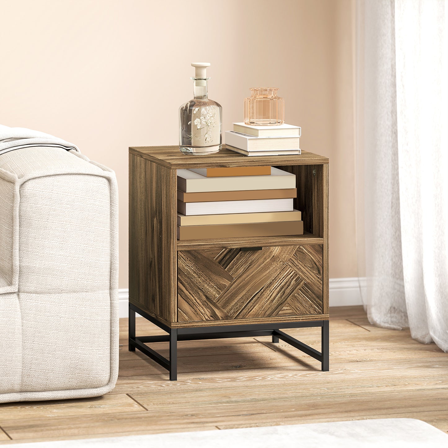 HOMCOM Bedside Table With Drawer And Open Shelf, Steel Leg End Table For Bedroom And Living Room, Brown Wood Effect