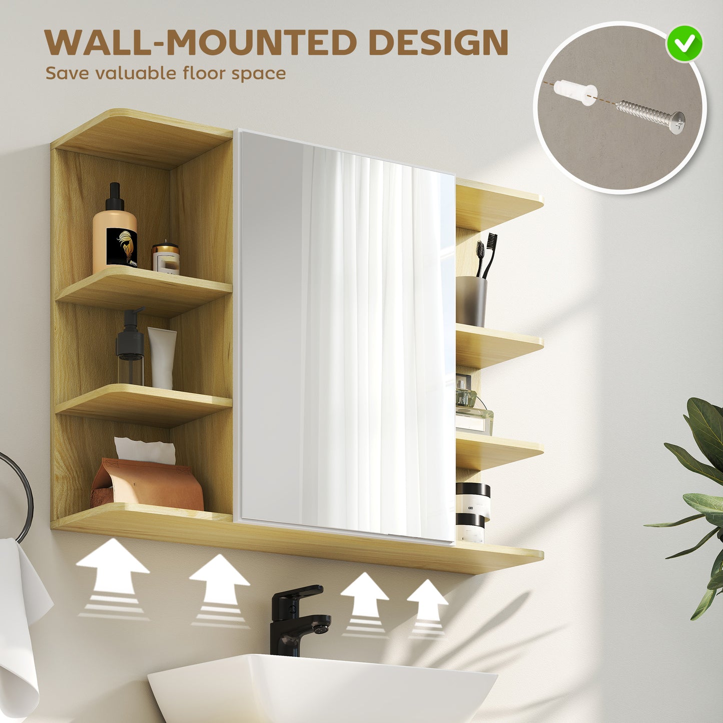 HOMCOM Bathroom Mirror Cabinet With Open Shelves And Hidden Storage In Natural Wood Finish