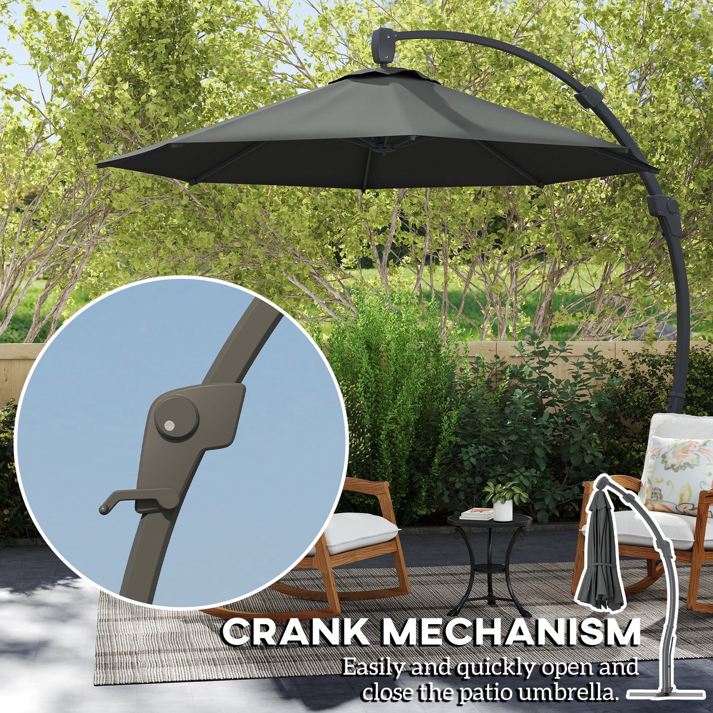 Outsunny 3m Cantilever Parasol Banana Patio Umbrella with Crank Handle Aluminum Frame Cross Base 360 Rotation Grey