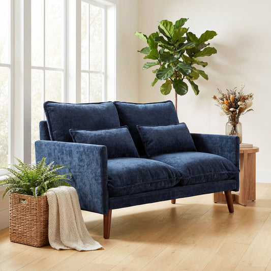 HOMCOM 2 Seater Sofa With Spring Cushions Wide And Deep Seat Wood Legs Blue Compact 131 Cm Footprint For Small Flats