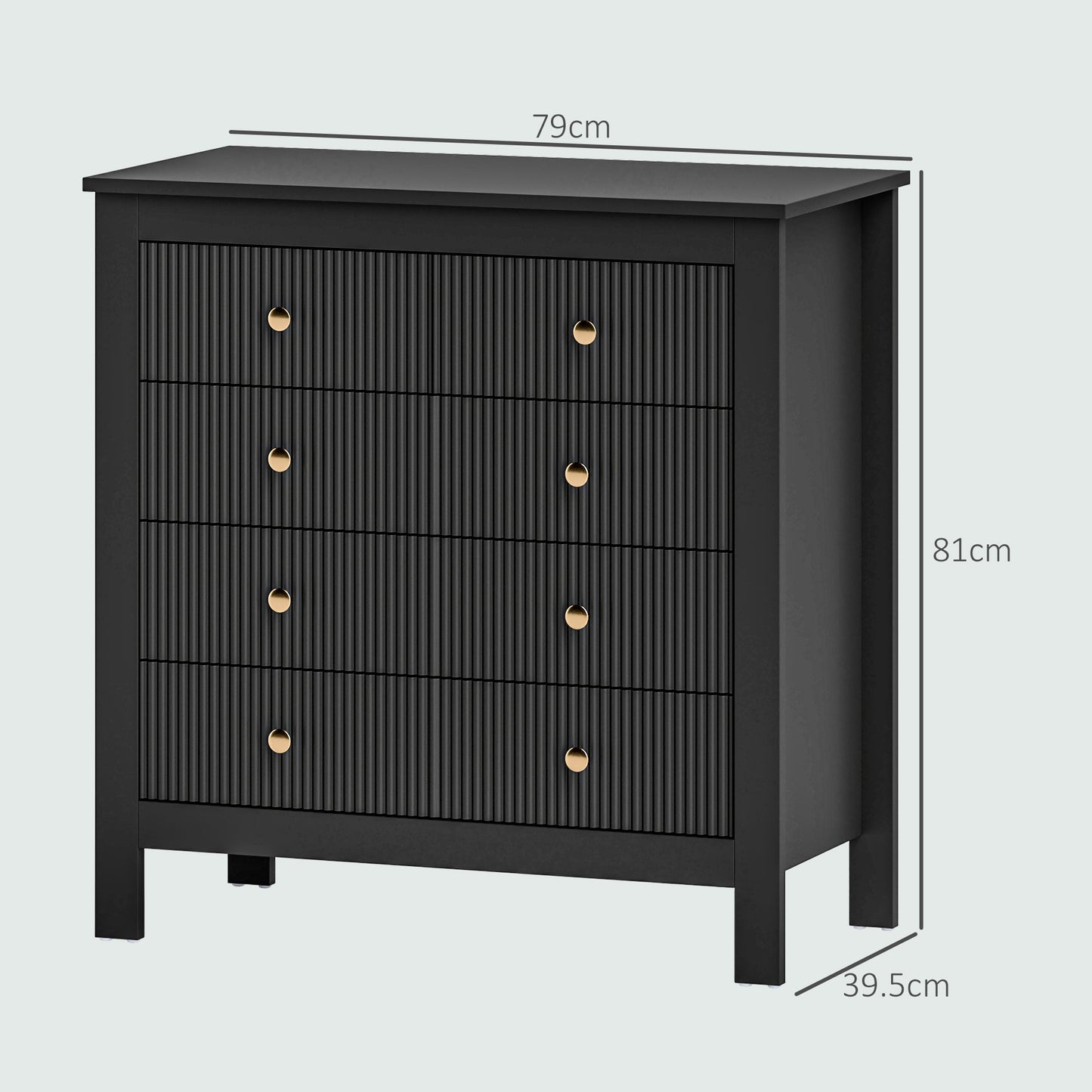 HOMCOM Five Drawer Chest Of Drawers In Black With Ridged Fronts And Gold Handles