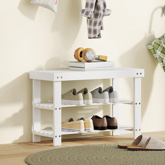 HOMCOM Bamboo Shoe Storage Bench With Two Shelves White Finish Ideal Entryway Organizer For Shoes And Boots