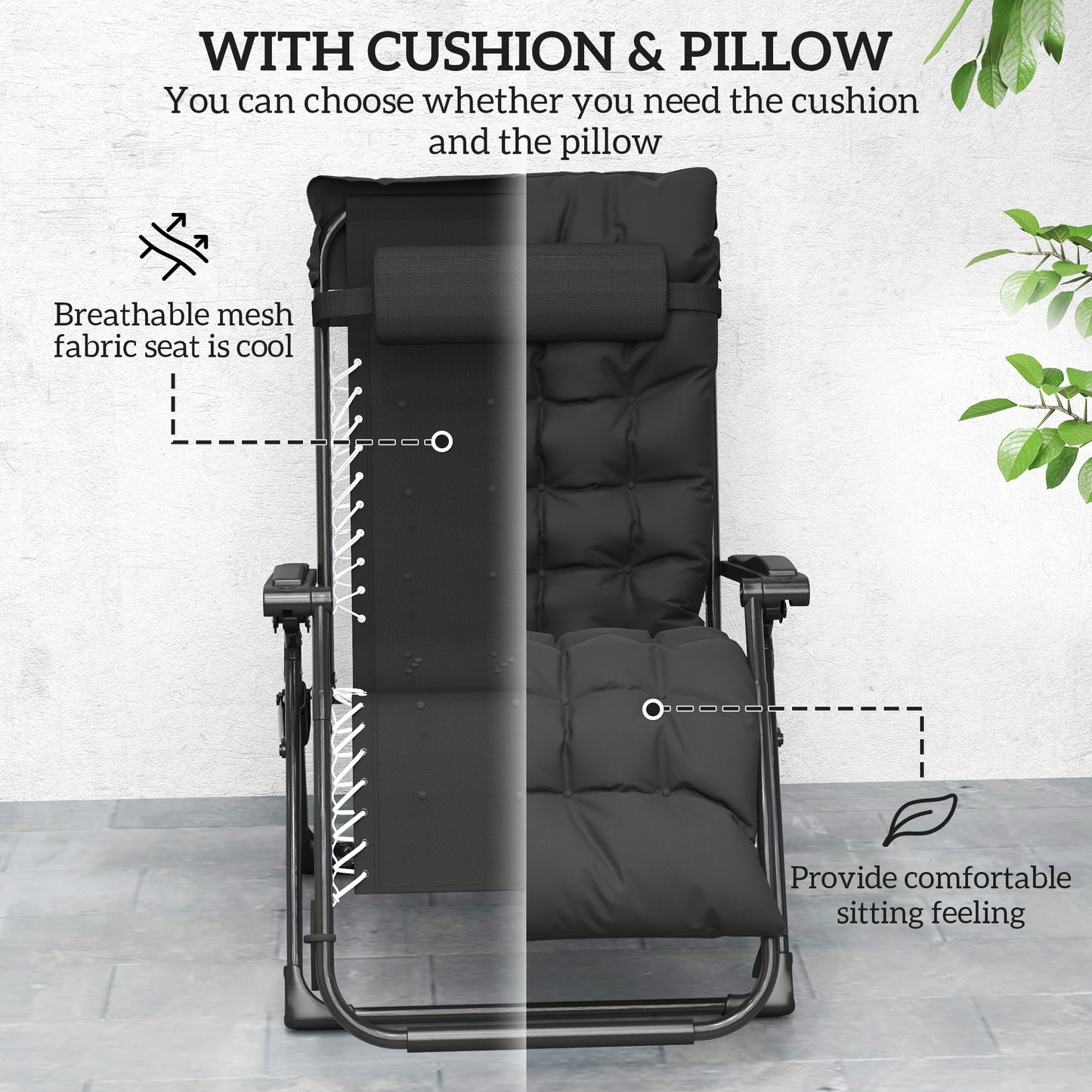 Outsunny 2 Piece Reclining Zero Gravity Sun Loungers With Cushions For Outdoor Patio Deck And Garden Black