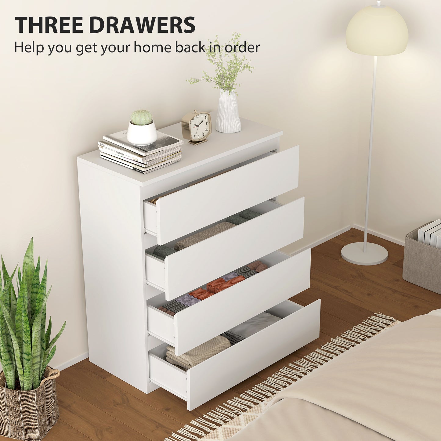 HOMCOM Four Drawer Chest White For Bedroom Storage With Flat Top Display Surface