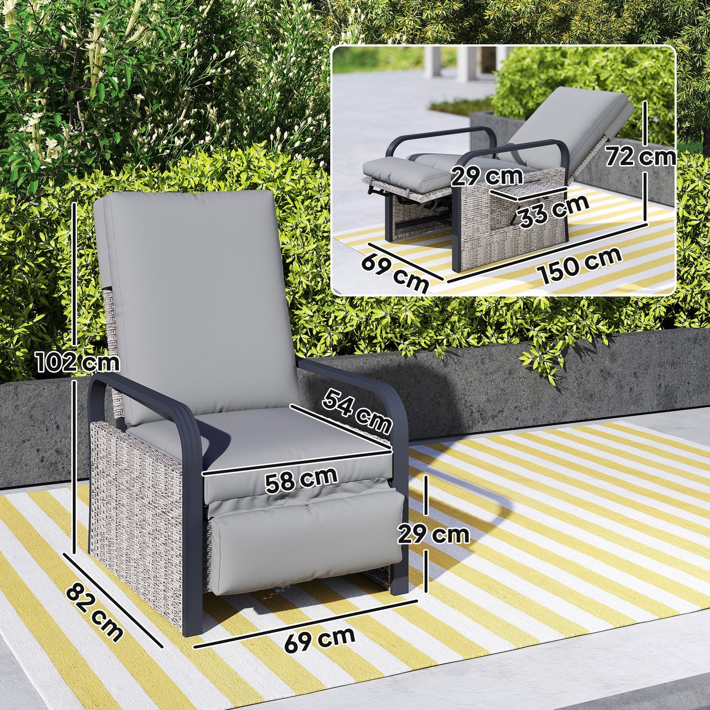 Outsunny 140 Degree Reclining Rattan Armchair With Adjustable Back And Footrest In Mixed Grey Cushioned Lounge Chair