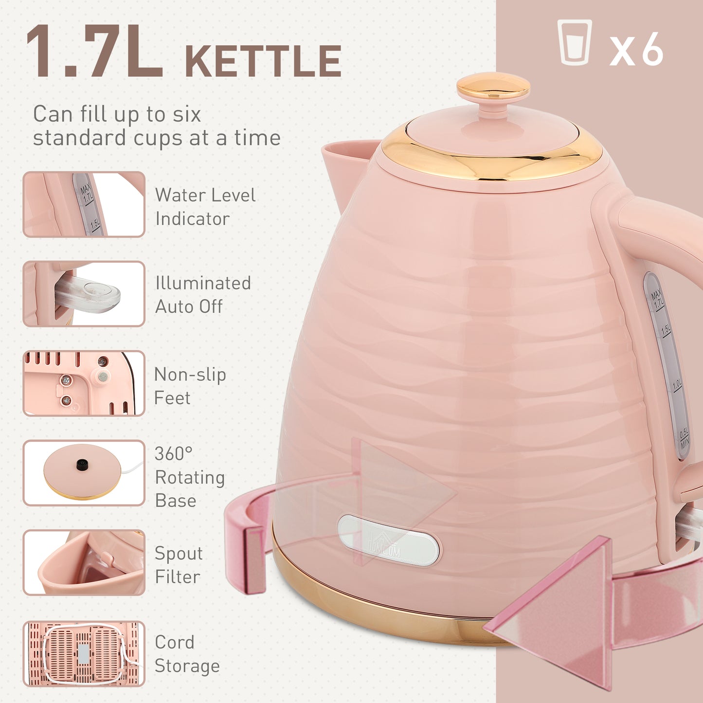 HOMCOM 3000W 1.7L Kettle And 4 Slice Toaster Set With 7 Browning Controls And Crumb Tray Light Pink