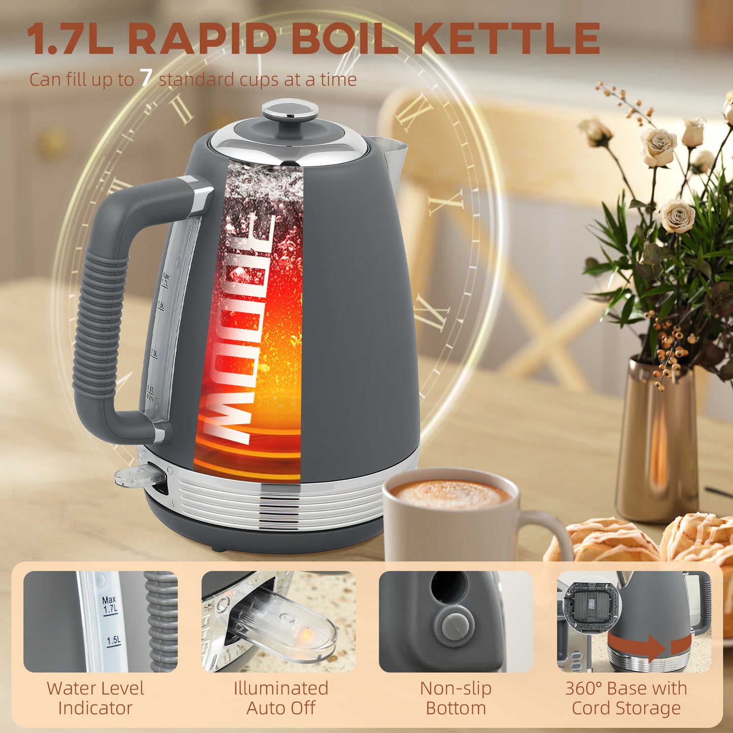 HOMCOM Stainless Steel Panel Kettle and Toaster Set 1.7L With UK Strix Thermostat Grey
