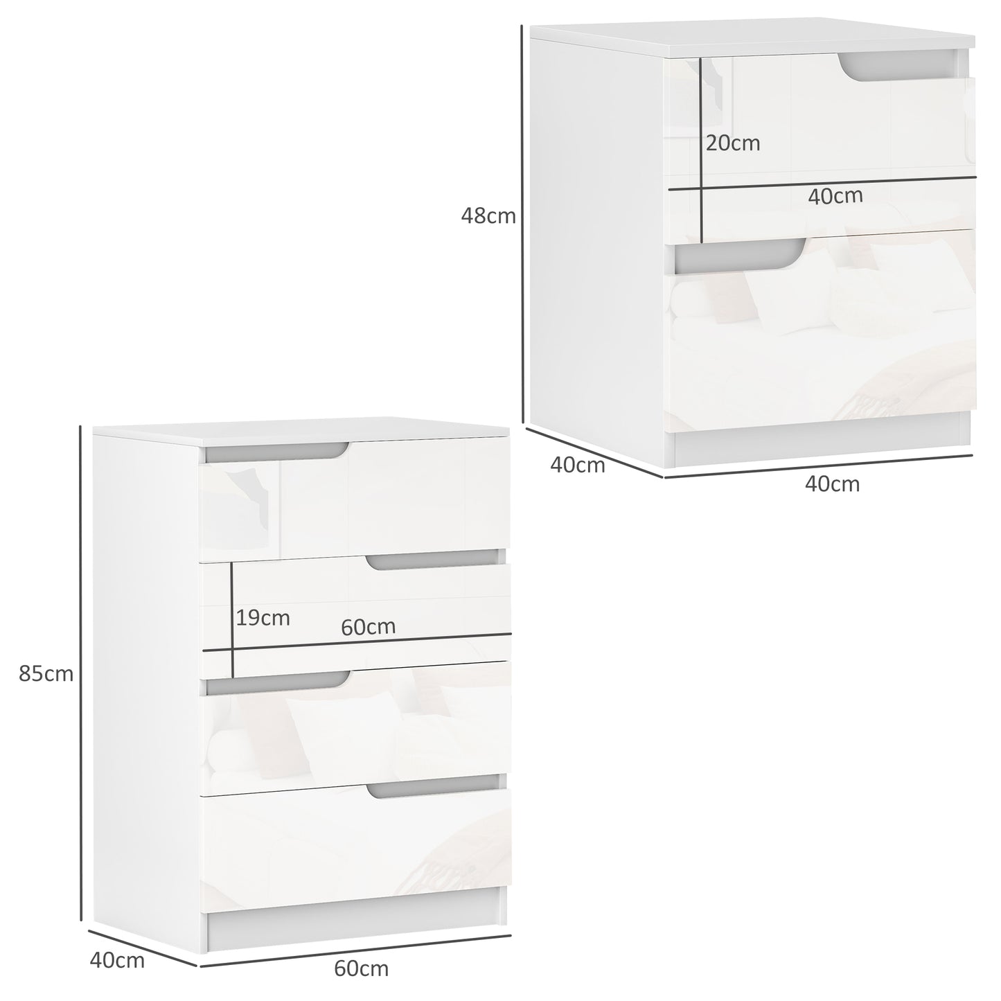 HOMCOM High Gloss White Chest Of Drawers With 4 Drawers And Matching Two Drawer Bedside Table Modern Set