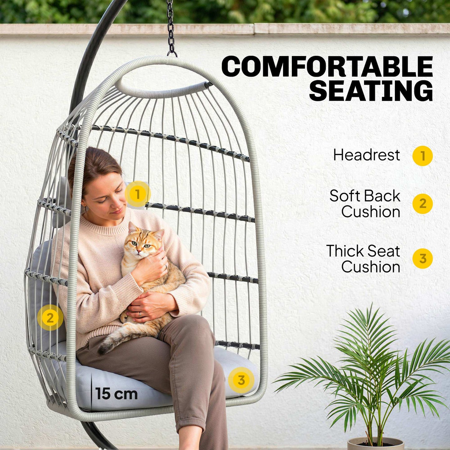 Outsunny Hanging Egg Chair With Stand Indoor Outdoor Hammock Swing Chair Safety Strap Foldable Basket Light Grey