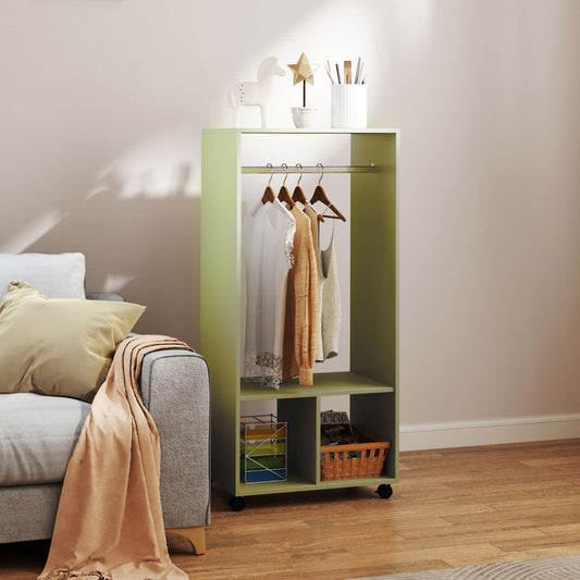 HOMCOM Open Wardrobe On Wheels With Hanging Rail And Two Storage Shelves In Green For Cloakroom And Hallway