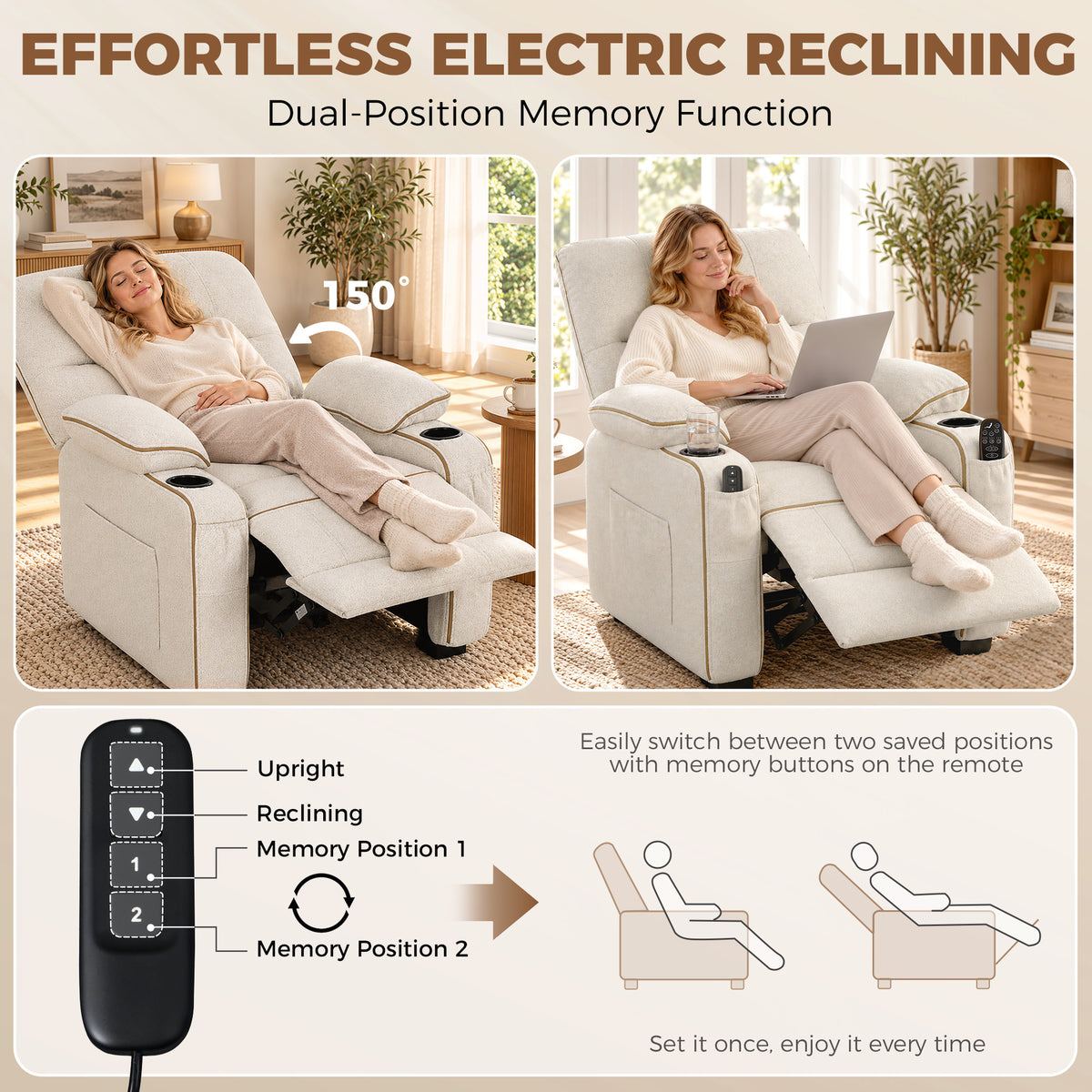 Beige dual-position electric massage recliner with handheld remote