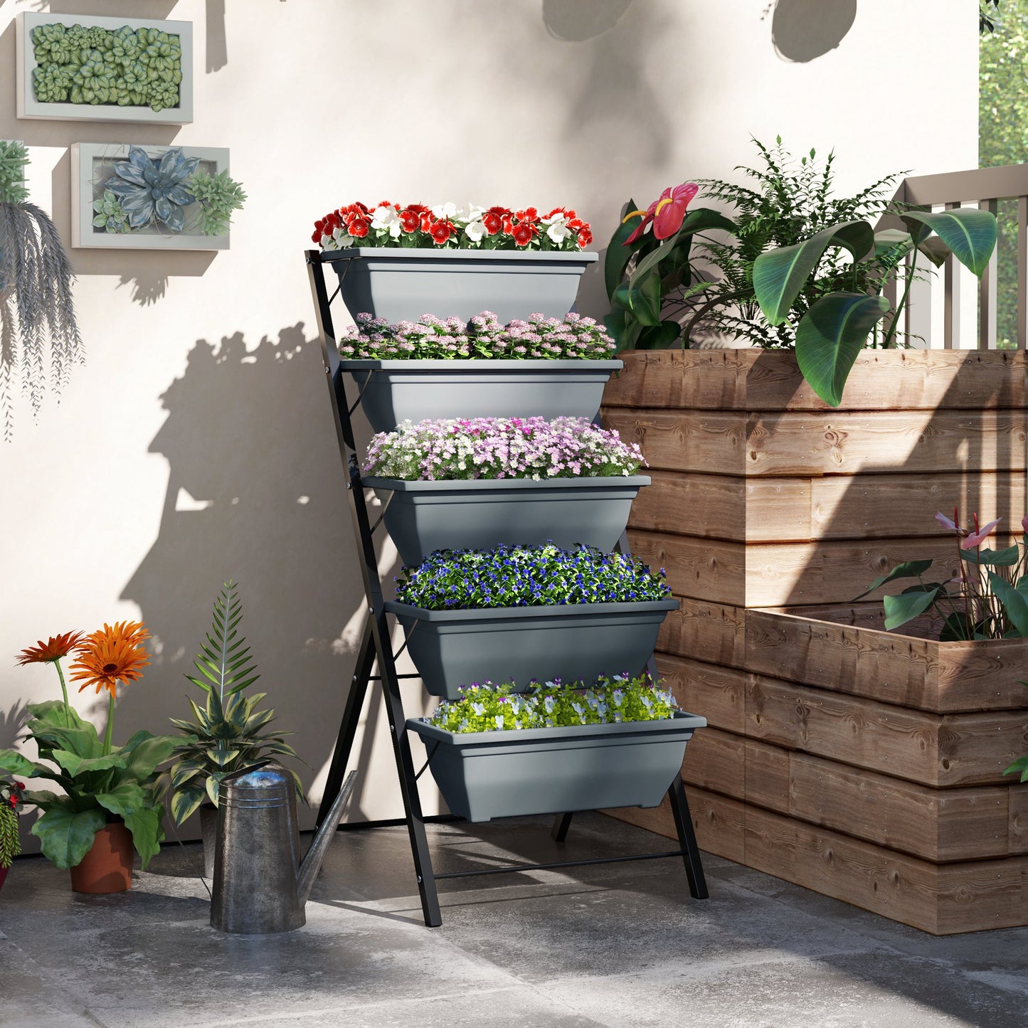 Outsunny 5 Tier Raised Garden Bed Vertical Ladder Plant Stand With 5 Removable Boxes Drainage Holes And Plugs Grey