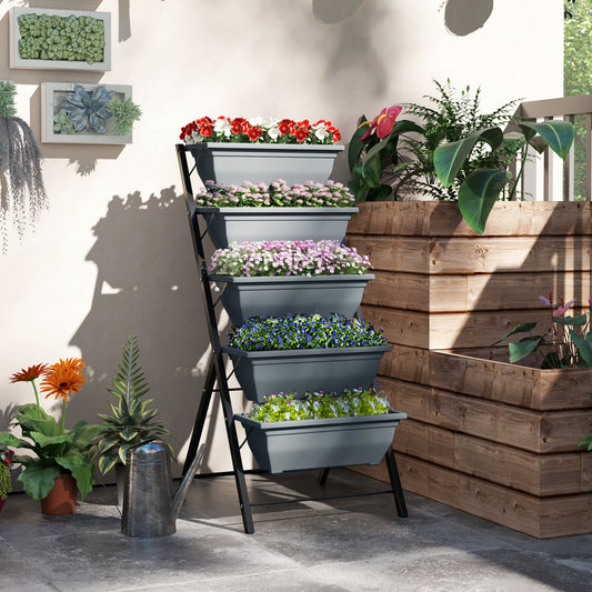 Outsunny 5 Tier Raised Garden Bed Vertical Ladder Plant Stand With 5 Removable Boxes Drainage Holes And Plugs Grey