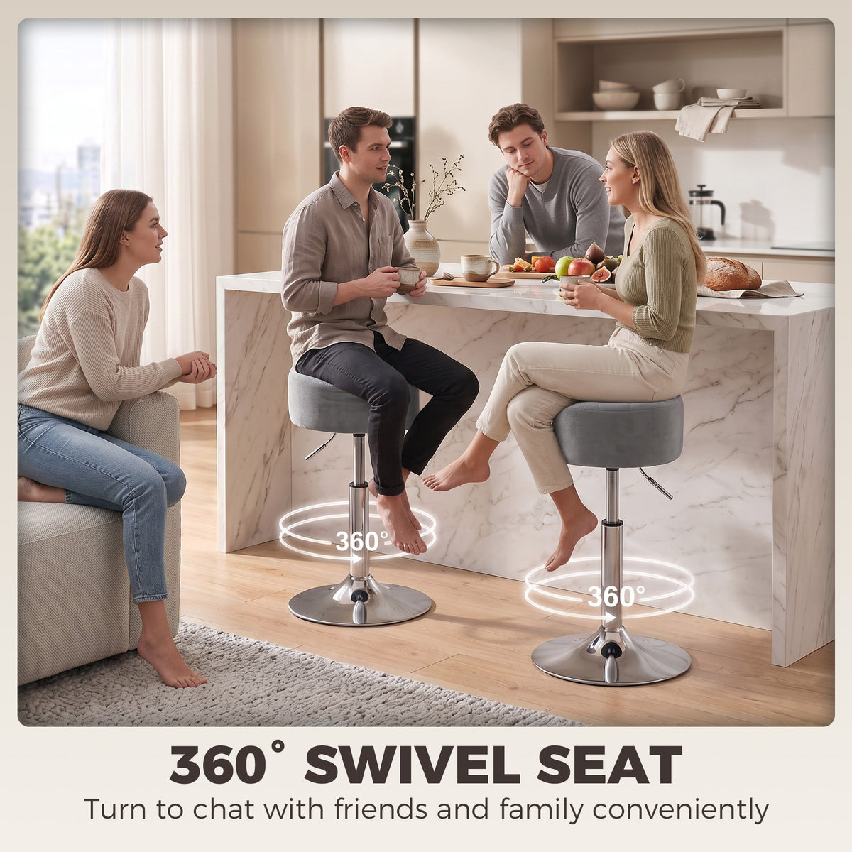 Pair of grey swivel bar stools with round cushioned seats and shiny chrome bases