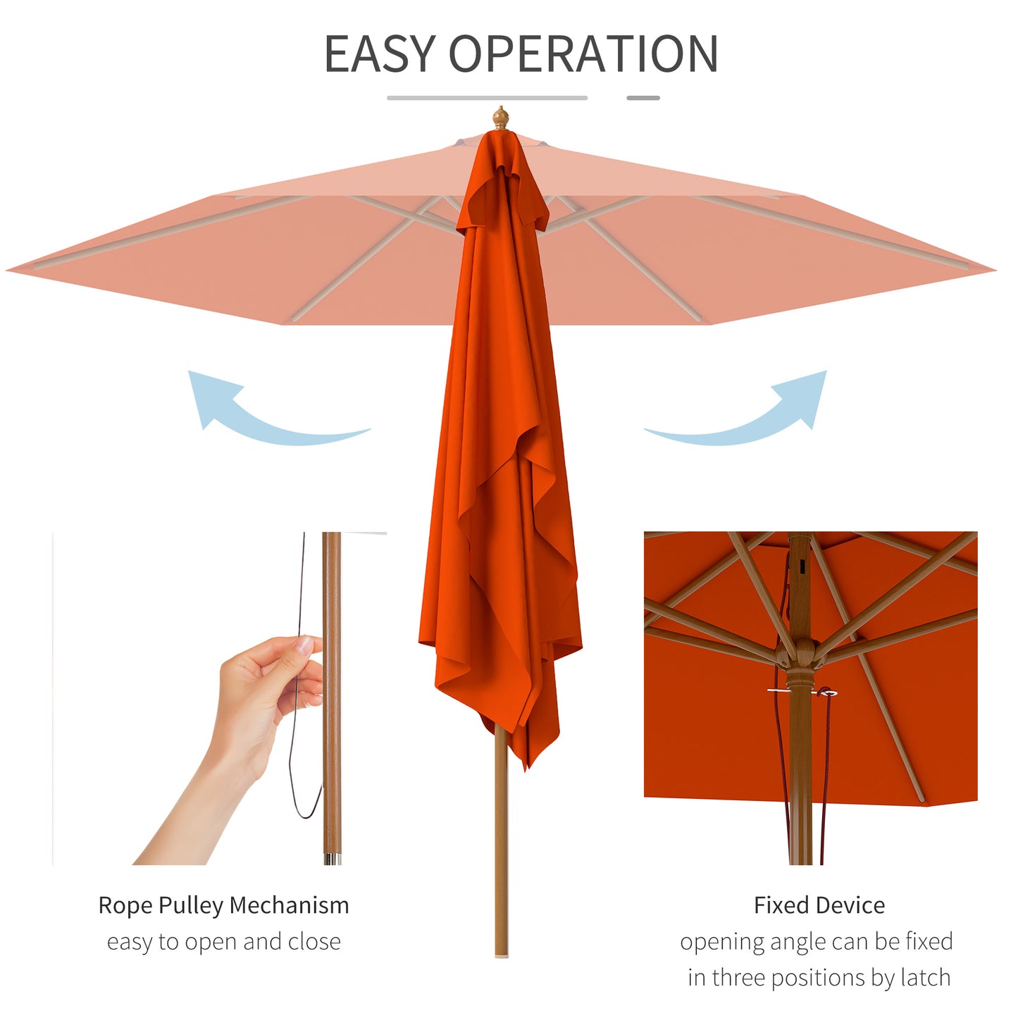 Outsunny 2.5m Wood Garden Parasol Sun Shade Patio Umbrella With Vent And Rope Pulley Mechanism 38mm Pole Orange