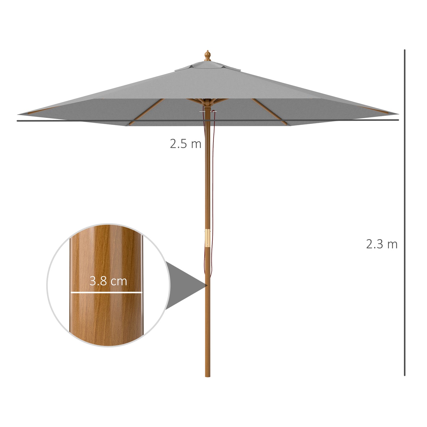 Outsunny 2.5m Wood Garden Parasol Patio Outdoor Umbrella With Vent 38mm Pole Light Grey Rope Pulley Mechanism