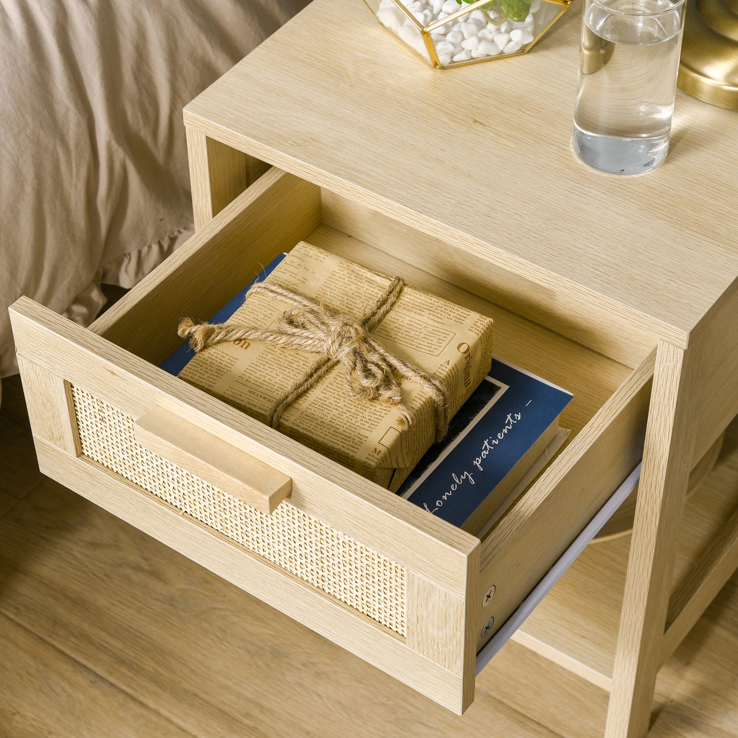 HOMCOM Bedside Table Set Of 2 With Rattan Drawer And Storage Shelf In Natural Rustic Finish