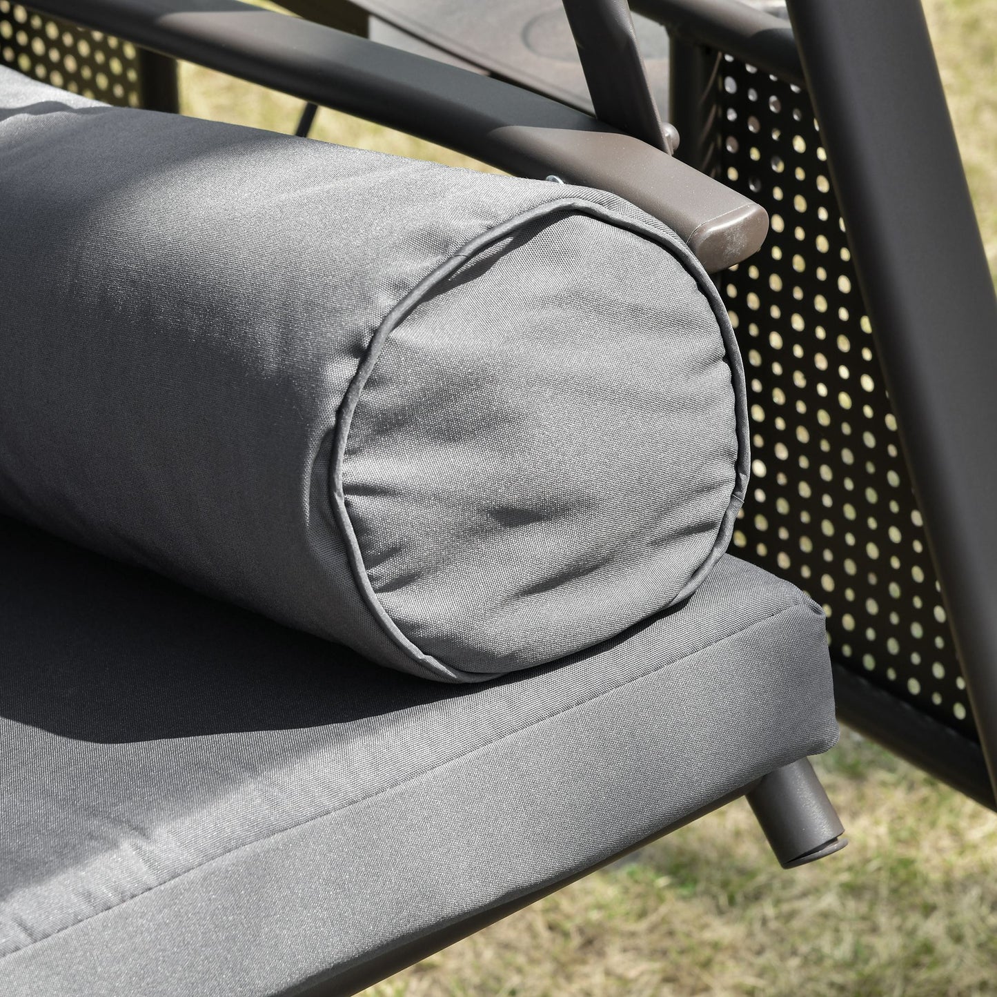Outsunny Three Seater Garden Swing Chair With Adjustable Canopy Cushions Cup Trays Brown Steel Frame Dark Grey Fabric